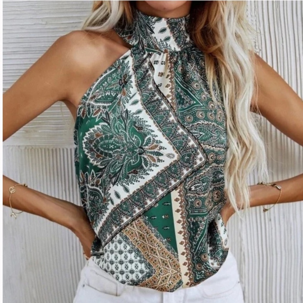 Boho Paisley Floral Print Satin Halter Tank Top - Picture 12 of 15